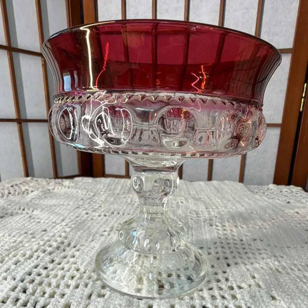 Indiana Glass compote dish in Kings Crown pattern with a Ruby Flash accent